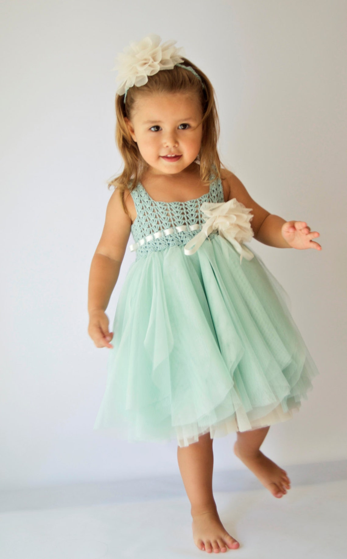 Mint & Cream Tulle Dress With Empire Waist Crochet Top - Etsy