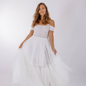 Woman Boho Wedding Dress.  Beach Wedding Dress with crochet off shoulder top and tiered tulle skirt. Custom colors. Bridesmaid&#39;s dress.