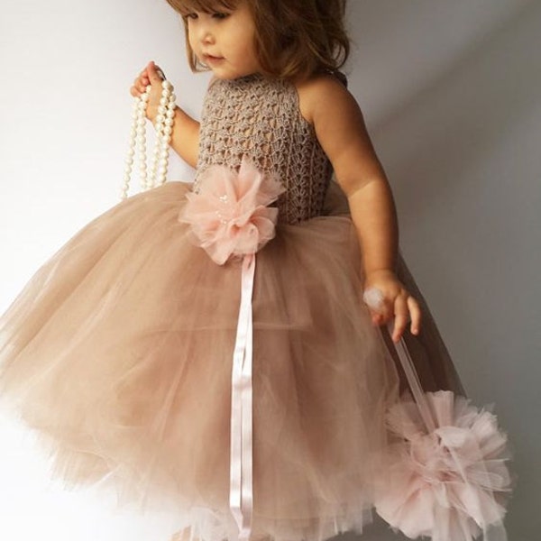FLEUR Double Layered Puffy Tutu Dress. Flower Girl Tulle Dress with Lace Stretch Crochet Bodice.