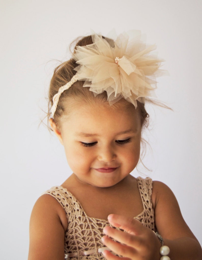 Lace crochet stretch headband with tulle flower image 3