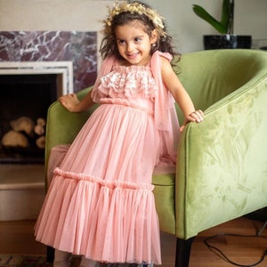 MAYA Lace and Tulle Boho Flower Girl Dress with adjustable tied shoulder straps.Flower girl Maxi Dress. Custom colors