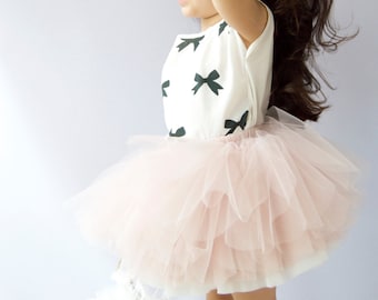 LOLA White and Powder Pink Tulle Petal Skirt. Ballerine-inspired ruffly tulle skirt with stretch waistband