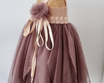 ELLA Beige and Brown Tulle Dress with Empire Waist and Stretch Crochet Top.Tulle dress  for girls with lacy crochet bodice.