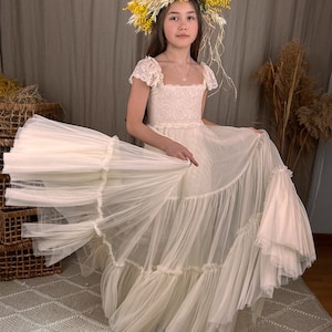 FLORA Boho Maxi Dress for Flower Girls, Junior Bridesmaids, Communion,Tulle Dress