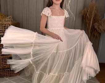 FLORA Boho Maxi Dress for Flower Girls, Junior Bridesmaids, Communion,Tulle Dress