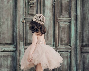 ANNA Beige Halter Tutu Dress. Flower Girl Tulle Dress With