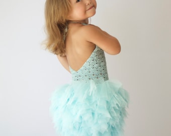 LUCY Aqua  Baby Tulle Dress with Lace Stretch Crochet Bodice