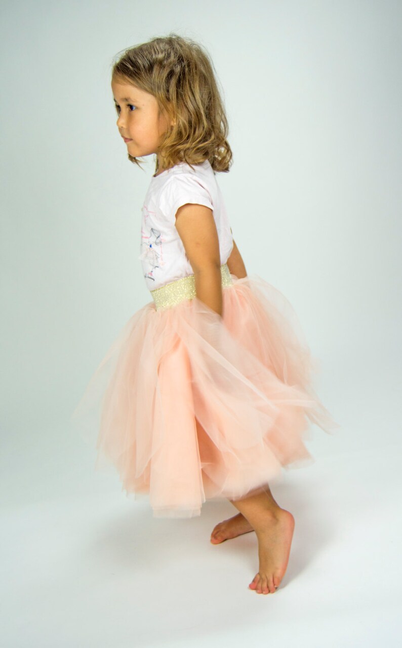 Peach Tutu Skirt with Golden Sparkle Elastic Band.Tulle Petal Skirt Ballerine-inspired ruffly tulle skirt with stretch waistband
