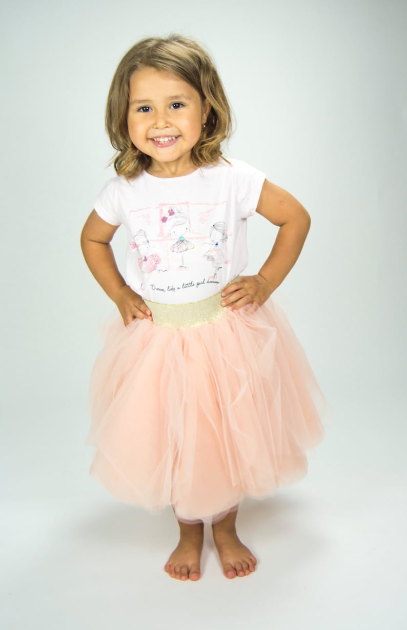 Peach Tutu Skirt with Golden Sparkle Elastic Band.Tulle Petal Skirt Ballerine-inspired ruffly tulle skirt with stretch waistband
