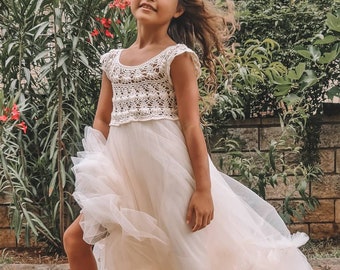 LUDA Cup Sleeves Empire Waist Bridal Tulle Flower Girl Dress. Flowergirl Maxi Dress with crochet bodice and soft tulle bottom