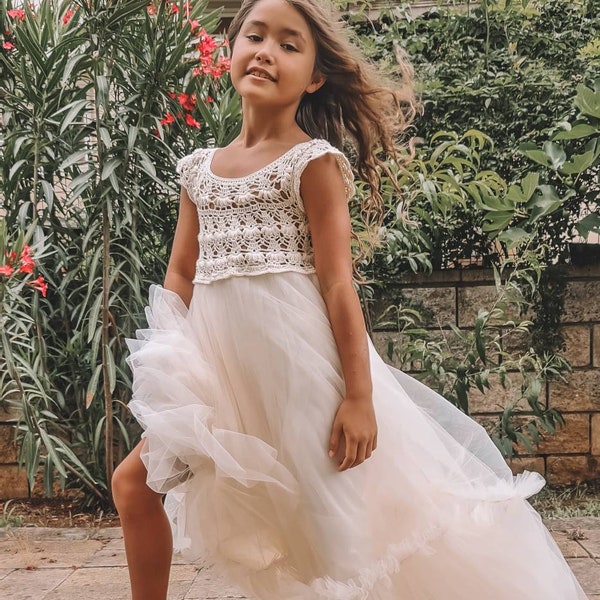 LUDA Cup Sleeves Empire Waist Bridal Tulle Flower Girl Dress. Flowergirl Maxi Dress with crochet bodice and soft tulle bottom