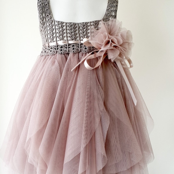 ELLA Taupe and Dusty Pink Empire Waist Baby Tulle Dress with Stretch Crochet Top.Tulle dress  for girls with lacy crochet bodice.