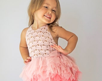 Tulle Dress with Halter  Lace Stretch Crochet Bodice.