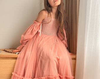 SERENA Rustic Flower Girl Dress with crochet top and detachable off- shoulder long sleeves gown CUSTOM COLORS