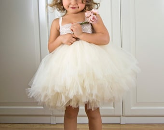 ROSIE Cream Champagne Tutu Dress with Stretch Lacy Top and Soft Fluffy Tutu Skirt