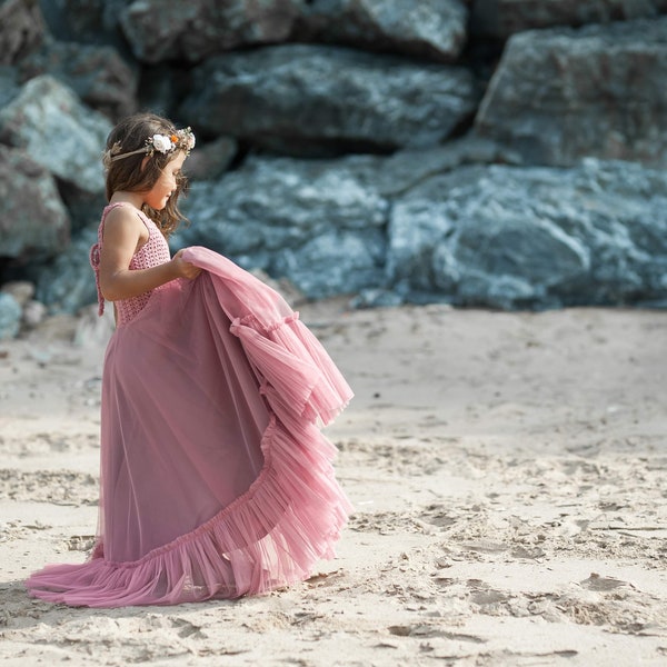 STELLA Dusty Rose Boho Flower Girl Dress.  Dusty Pink Flowergirl Maxi Dress with crochet bodice and soft tulle bottom