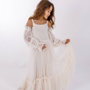 SERENA Light Cream Flower Girl Boho Gown with off-shoulder sleeves. CUSTOM COLORS