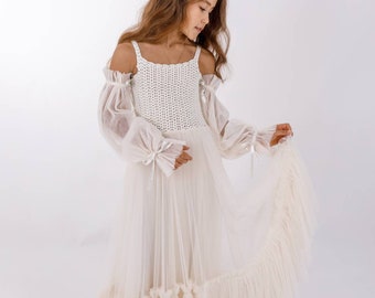 SERENA Light Cream Flower Girl Boho Gown with off-shoulder sleeves. CUSTOM COLORS