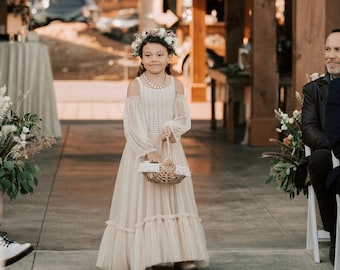 Rustic Flower Girl Dress with crochet top and detachable off- shoulder long sleeves gown CUSTOM COLORS