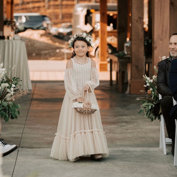 SERENA Rustic Flower Girl Dress with crochet top and detachable off- shoulder long sleeves gown CUSTOM COLORS