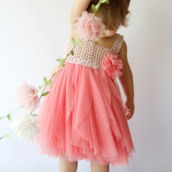 ELLA Girl Tulle Dress with Stretch Crochet Top. Flower girl tulle  dress in Coral & Pink