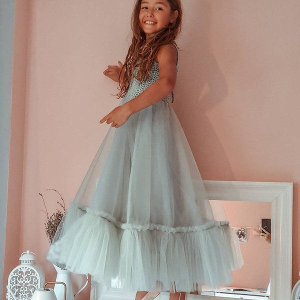 ARIA Pale Mint  Flower Girl Dress.  Frosty Mint Flowergirl Maxi Dress with crochet bodice and soft bridal  tulle bottom