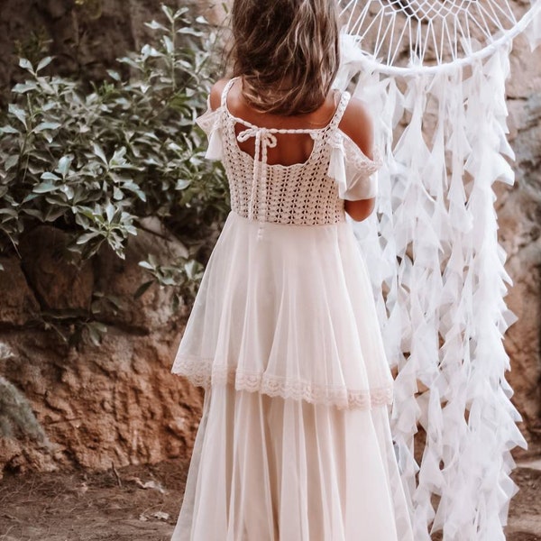 CLARA Tulle and Lace  Boho Flower Girl Dress. Flowergirl Maxi Dress with crochet bodice and soft tulle bottom. Custom colors.