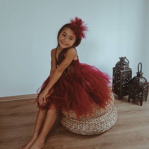 ANYA Burgundy Tutu Dress. Bohem Girl tulle dress with lace crochet bodice. Halter crochet top and tulle dress