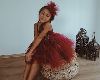 ANYA Burgundy Tutu Dress. Bohem Girl tulle dress with lace crochet bodice. Halter crochet top and tulle dress