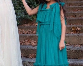 ISABELLA Teal Boho Tulle Gown for Flowergirls. Beach wedding flower girl dress. Junior bridesmaid dress