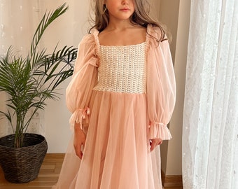 THEA Flower Girl Dress with crochet top and puffy tulle  long sleeves Maxi Dress with crochet bodice and soft tulle bottom. CUSTOM COLORS