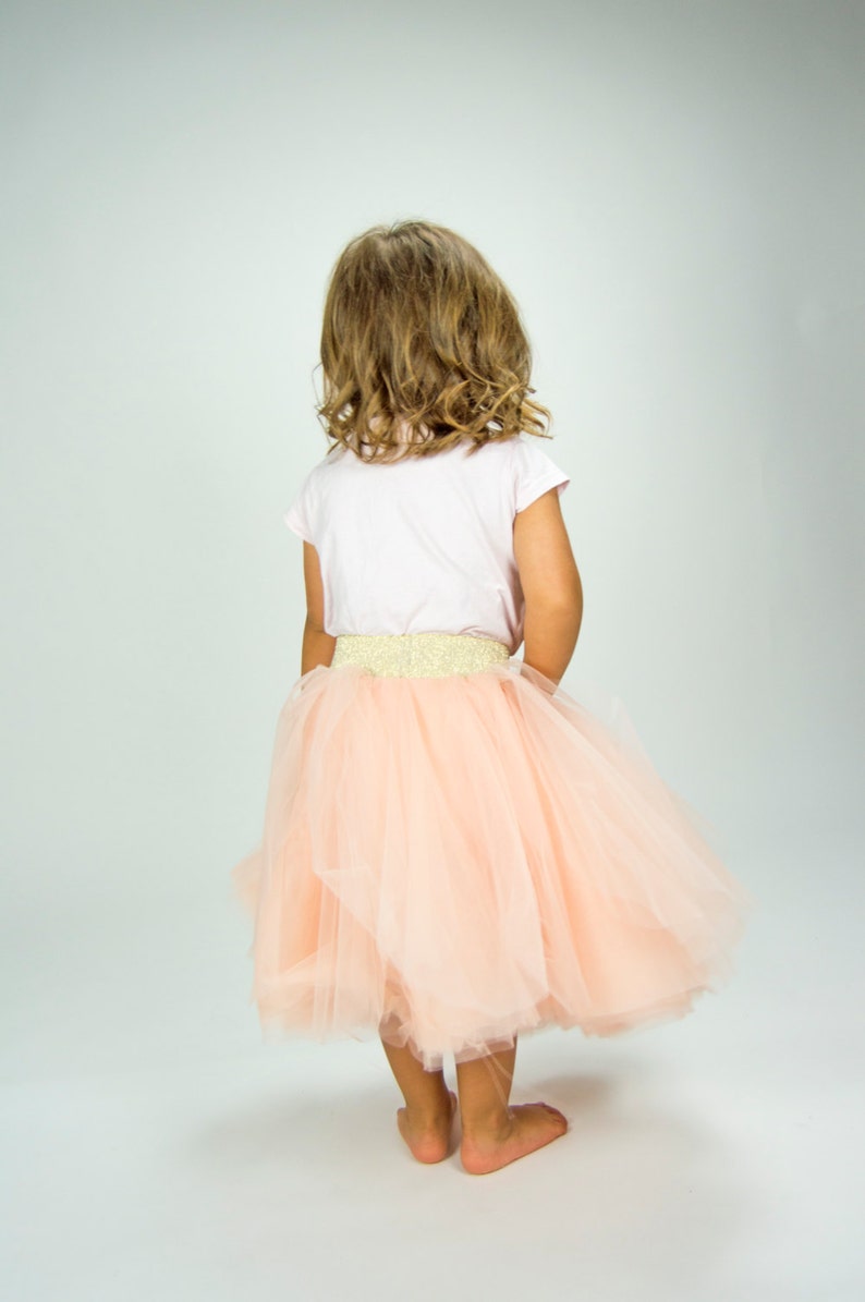 Peach Tutu Skirt with Golden Sparkle Elastic Band.Tulle Petal Skirt Ballerine-inspired ruffly tulle skirt with stretch waistband