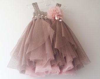 ELLA Baby Tulle Dress with Stretch Crochet Top. Flower girl tulle  dress in Taupe & Pink