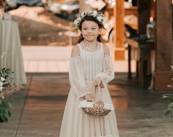 SERENA Rustic Flower Girl Dress with crochet top and detachable off- shoulder long sleeves gown CUSTOM COLORS