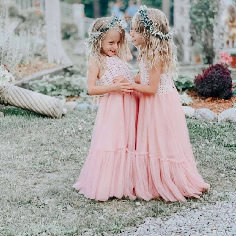 BLUSH PINK Boho Flower Girl Dress. Flowergirl Maxi Dress With Etsy