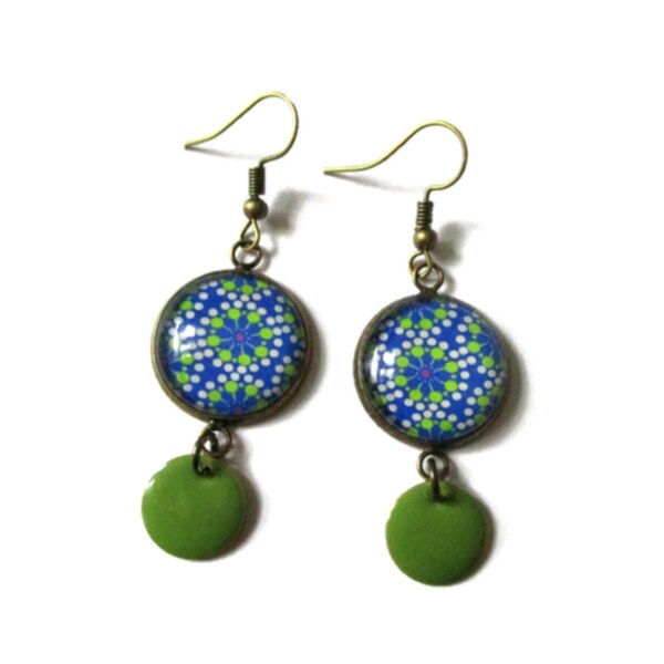 Green and blue Earrings - green enamel earring - abstract jewelry - patterned Earrings - summer - geometric Jewelry- glass cabochon