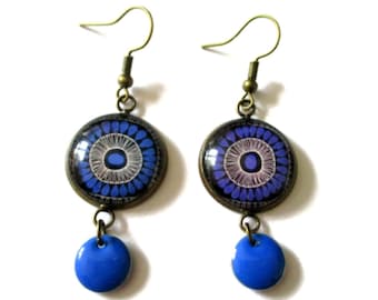 Blue Mandala Earrings - enamel earring - wax jewelry - boho Earrings - summer - geometric Jewelry- glass cabochon - enamel jewelry