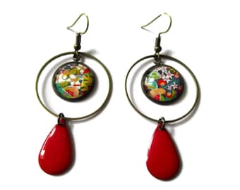 FLORAL Hoop Earrings - jungle style - red enamel earring - Boho Earrings - Mix and Match - color pop flower earrings - Boho Earring