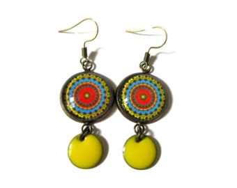 Mandala Earrings, yellow enamel, colorful jewelry, festival Earrings, summer, geometric, glass cabochon, enamel jewelry