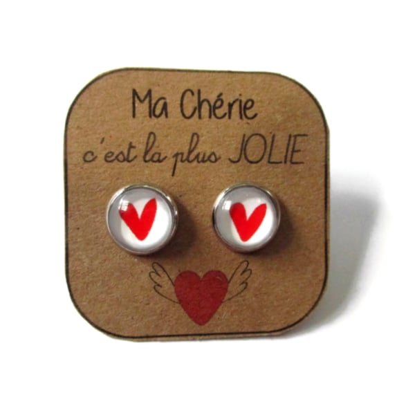 BOUCLES D'OREILLES COEURS, Ma chérie c'est la plus jolie, amour, rouge, blanc, bijoux coeur, cadeau petite amie, cadeau saint valentin