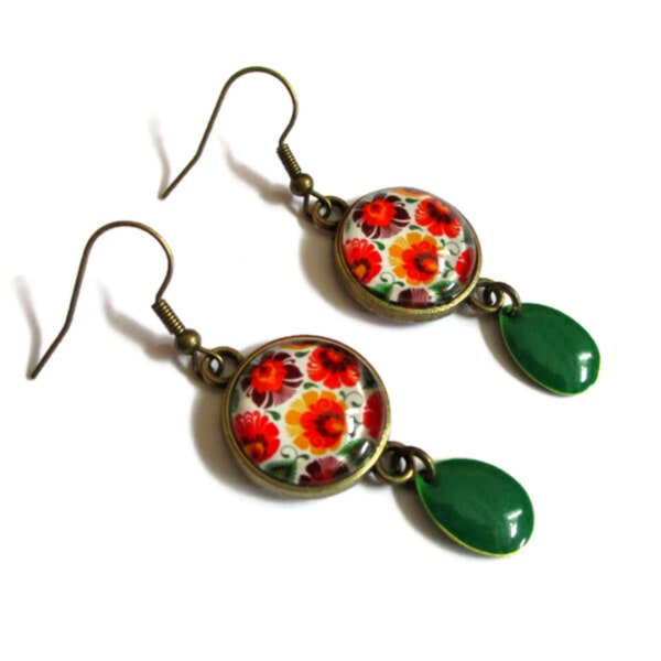 Orange Flower Dangle Earrings, Green Enamel, Orange Jewelry , Floral Style, Flower Earrings, Vintage style, orange earrings