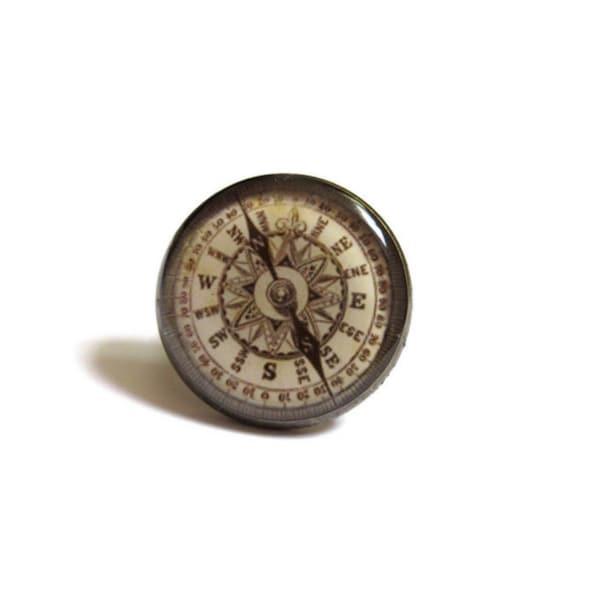 BAGUE BOUSSOLE, bijou boussole, voyage, beige, cabochon, résine, vintage, rétro, support bronze, voyageurs