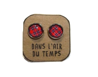 TARTAN STUD EARRINGS, minimalist jewelry, Red blue Tartan, Stocking Fillers, Red Plaid Earrings, 50's, Gift, danslairdutemps, christmas gift
