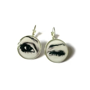 Open Close Eye Eyelashes Earrings, Winking Eye, Eyes Earrings, Eye Jewelry, Wink Dangle, iris, Black and White image 1