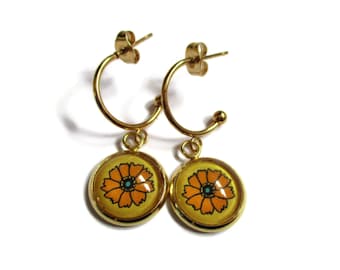 Orange FLOWERS HOOP EARRINGS, Tiny dangle Earrings, Golden stainless steel earrings, Geometric, Boho, Flower pattern Jewelry