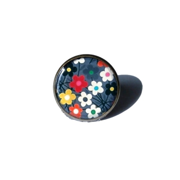 BAGUE FLEURS MULTICOLORES, gris, bijoux fleurs, multicolore, printemps, jardin, nature, bohème, vintage, cabochon