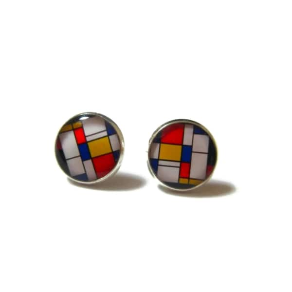 BOUCLES D'OREILLES MONDRIAN, Bijoux Mondrian, bijoux art, boucles art, cadeau amateur tableau, idée cadeau, bijoux colorés, cabochon