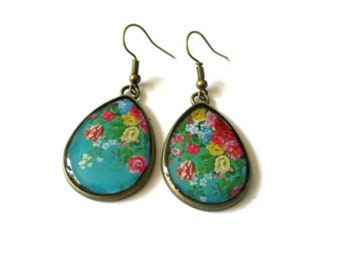 Boucles D'oreilles Clou Rétro - Cabochon Orange émail Et Noir, Couleur Or Poli, Occasion