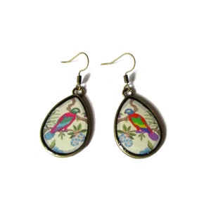 PARROT EARRINGS, TEARDROP Vintage earrings, Parrot jewelry , Jungle Style, Tropical jewelry, japanese style, Summer, Boho image 1