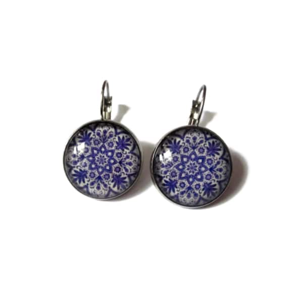 Blue Azulejos Earrings, Mosaics, Navy Blue white dangles, Azulejos earrings, Portugal